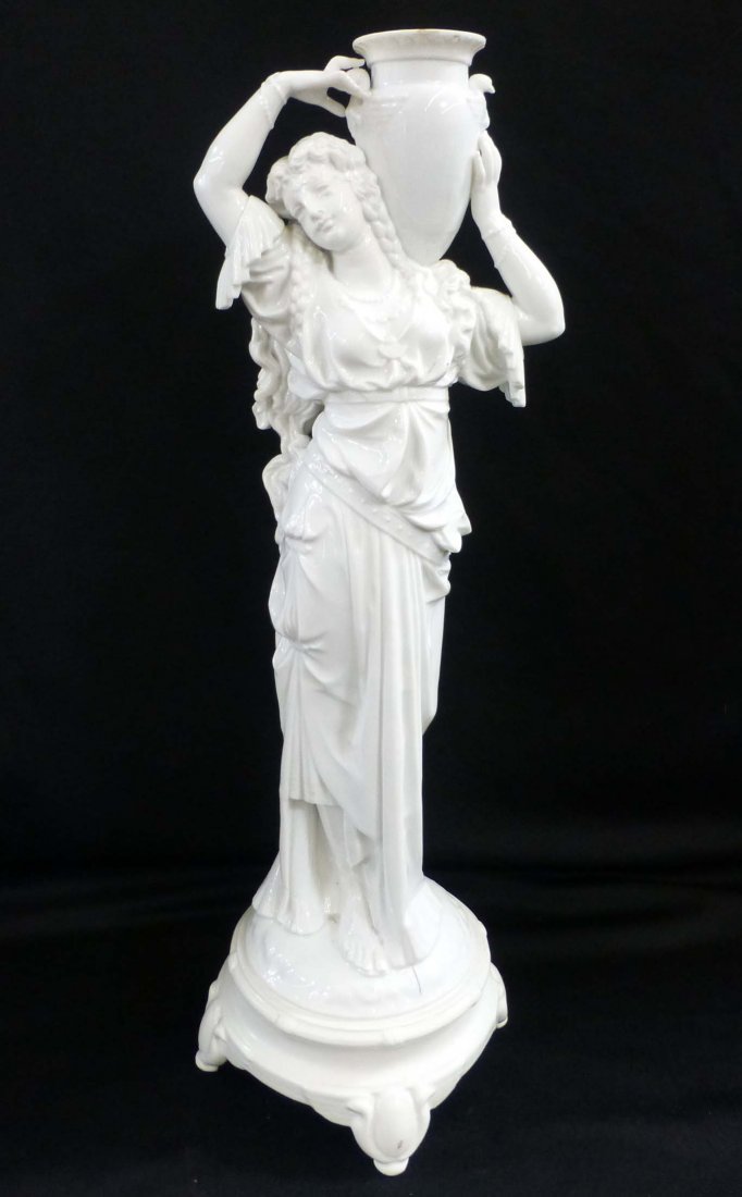 20" tall Limoges Porcelain Statue Figure Woman w Water: approx 20" tall Limoges Porcelain Statue Figure Woman w Water Jug, marked M.(Martial) Redon Limoges on the bottom, she has a small chip to the back of the water jug and firing stress marks near the ba