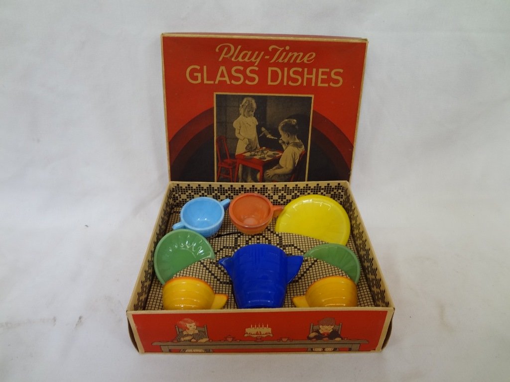 Akro-Agate Co. Play-Time Children's Glass Dishes in: Akro-Agate Co. Play-Time Children's Glass Dishes in Original Box: Circa 1950's children dishes set in original box from Akro-Agate Co out of West Virginia. Included in this set are (2) orange handled