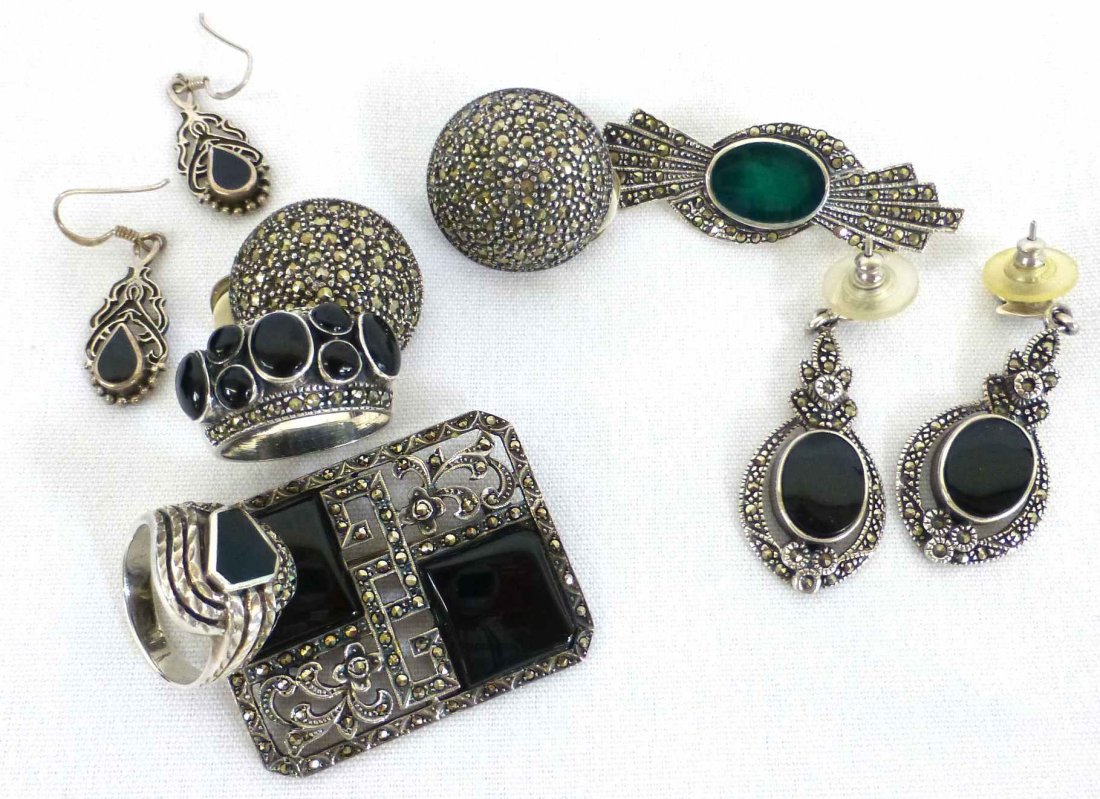 Art Deco Collection Marcasite and Onyx Sterling Jewelry: Most marked sterling, some artist signed, square brooch is 1 5/8" x 1 3/8"