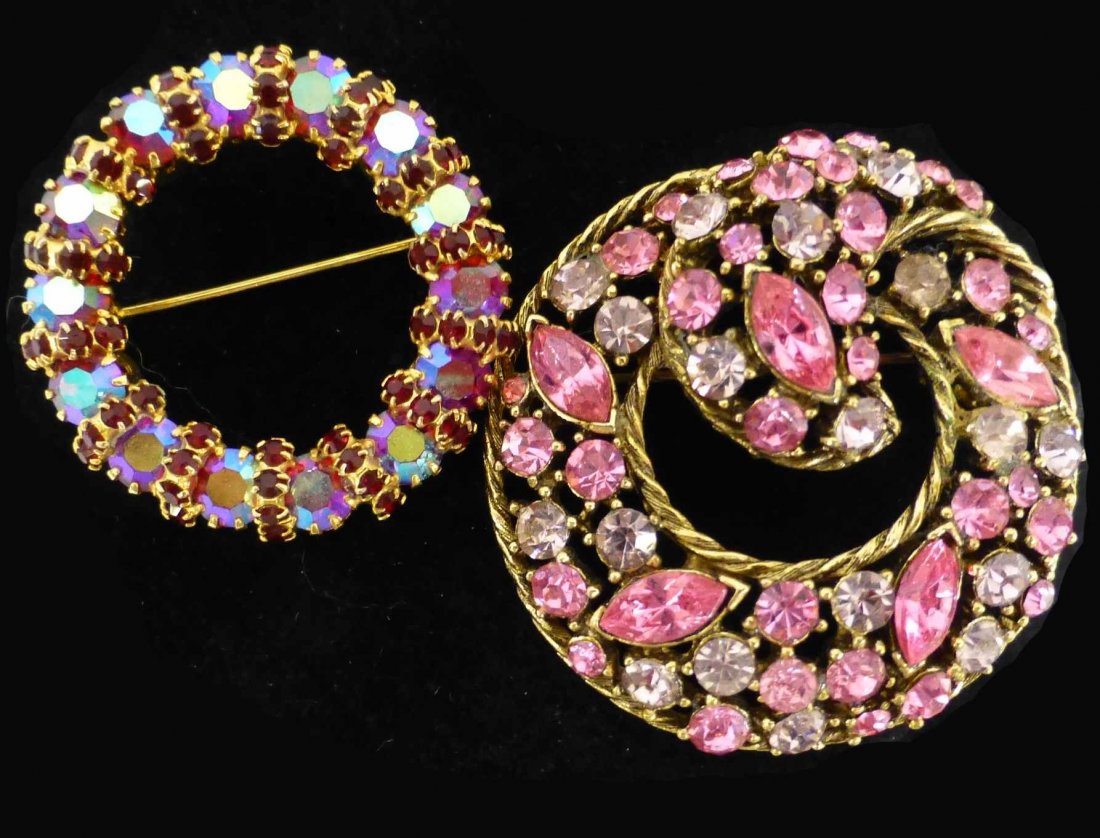 Pair WEISS Signed Multi-Colored Rhinestone Brooch Pins: The larger signed Weiss piece is 1 7/8" with a mixture of different shades of Pink Stones, the smaller wreath is 1 1/2", also signed