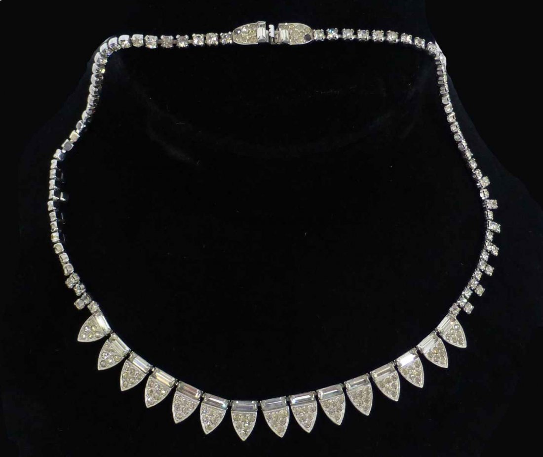 Vintage Kramer NY Deco Rhinestone Choker Necklace: Vintage Kramer NY Deco Rhinestone Choker Necklace, 17" long, missing a rhinestone on each end of the clasp
