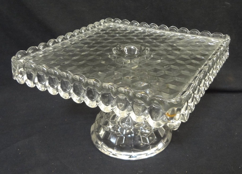 Fostoria American Pattern Depression Glass Cake: American Pattern Depression Glass Cake Pedestal: A wonderful example of Fostoria American Pattern Depression Glass. This is a cake pedestal. Measures 10.25 on each side and stands 6.75 inches high. Ve