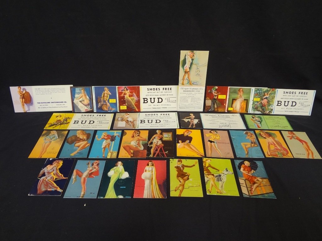 Pin-Up Blotters, Advertisement Mutoscope Cards: Pin-Up Blotters, Advertisement Mutoscope Cards Featuring Vargas, Moran, Devorss and others: A large group of blotters and mutoscope cards. Artists include: Earl Moran, Gil Elvgren, Zoe Mozert, Billy D