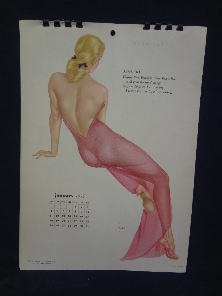 1948 Vargas Pin-Up Calendar: 1948 Vargas Pin-Up Calendar: This was not issued by Esquire magazine and was so called The Vargas Calendar, which then put Alberto Vargas in a legal battle with Esquire magazine, at which time Vargas