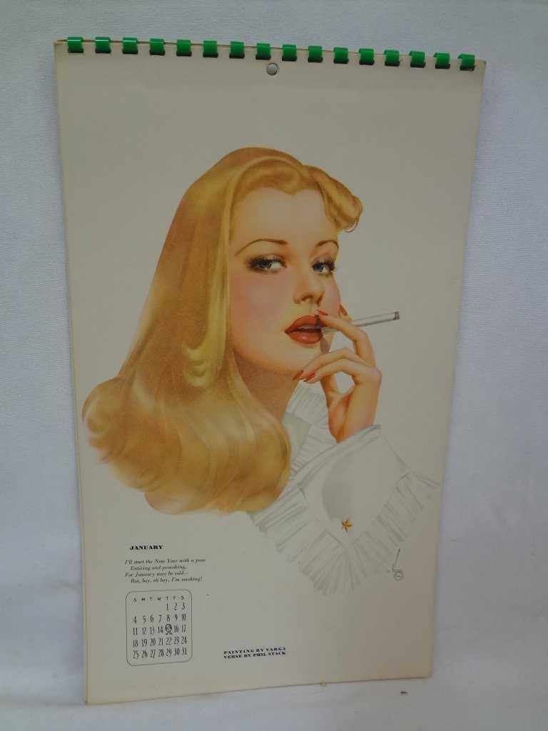 Alberto Vargas Esquire 1942 Pin-Up Calendar: Alberto Vargas Esquire 1942 Ringed Pin-Up Girl Calendar: Just a wonderful intact 1942 Esquire Magazine Alberto Vargas Calendar. All pages intact, a little dirty otherwise in excellent condition. Verse