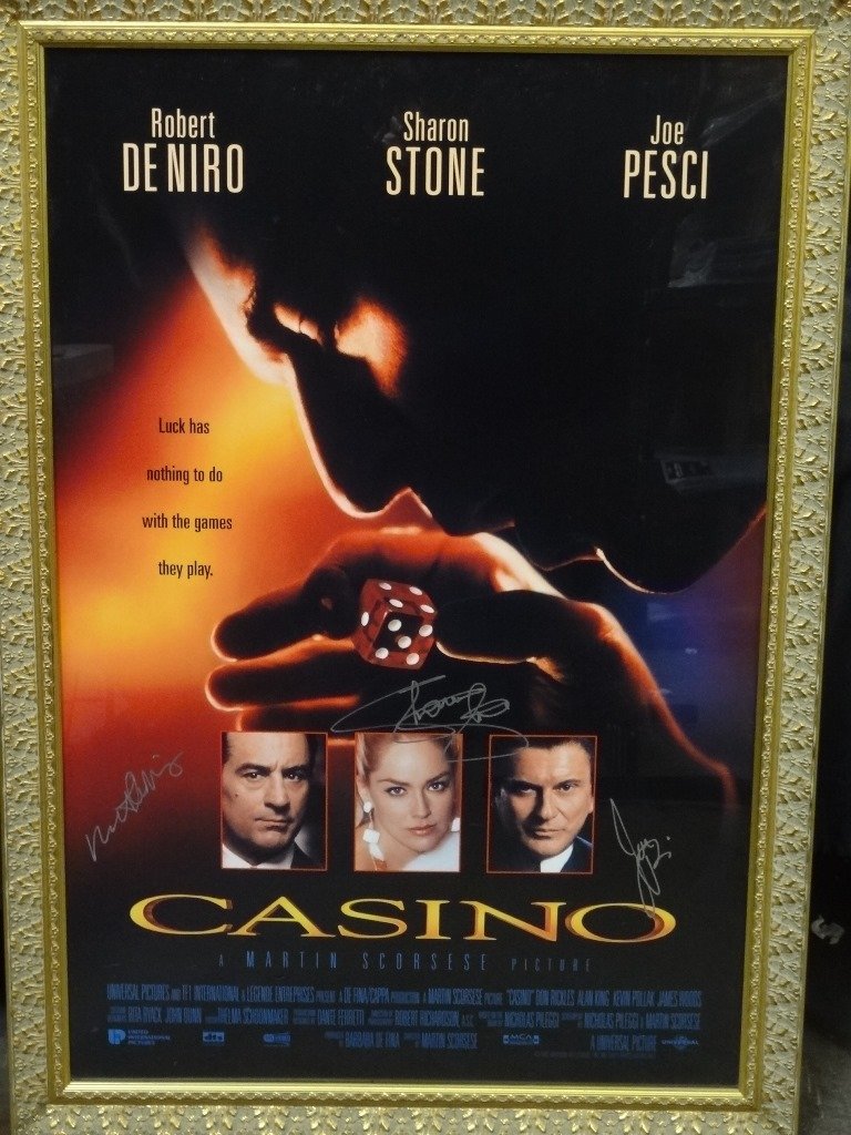 Casino Movie poster Framed Sharon Stone, Joe Pesci,: Casino Movie poster Framed Sharon Stone, Joe Pesci, Robert Deniro: A really nice very large movie poster for the movie Casino. Secretary signed autographs of all three stars. Behind plexiglass and mea