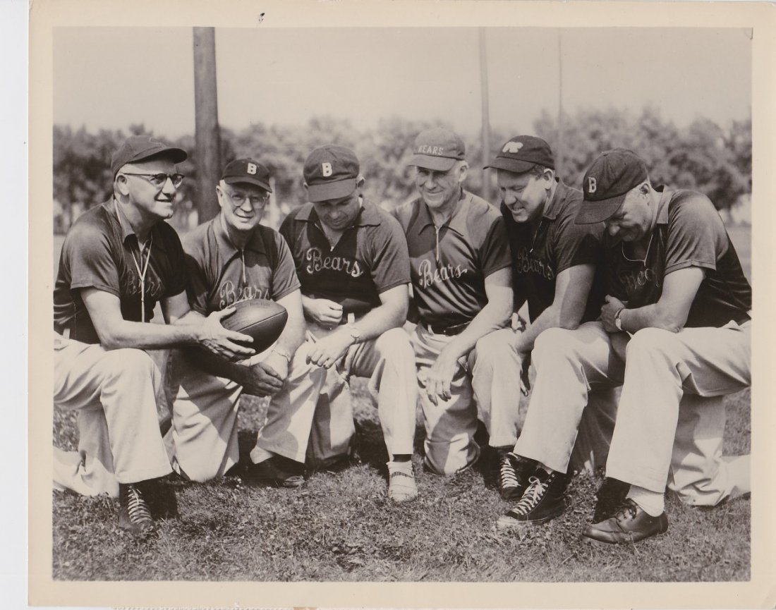 George Halas 1955 Chicago Bears Real ABC-TV Wire Photo: George Halas 1955 Chicago Bears Real ABC-TV Wire Photo; great news photo of George Halas as Head Coach of the 1955 Chicago Bears; photo showcases Halas and assistant coaches, Paddy Driscoll, Phil Hand