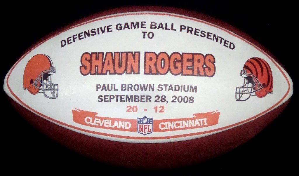 Shaun Rogers Issued Cleveland Browns "Defensive Game: Shaun Rogers Issued Cleveland Browns "Defensive Game Ball" Football; nice ball presented to Cleveland Browns Defensive Tackle from 2008-2010, Shaun Rogers; ball presented at Paul Brown Stadium on Sept