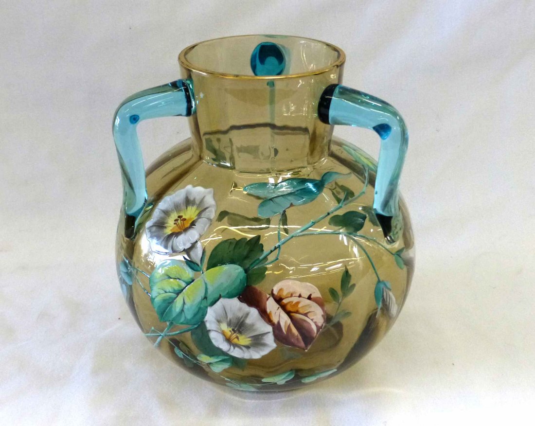 Victorian Amber Blown Glass Vase 3 Applied Cobalt Blue (1 of 4)