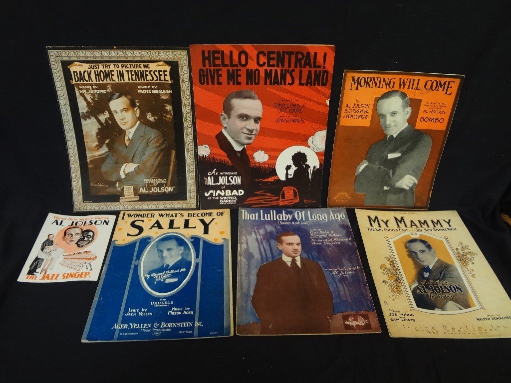 Al Jolson Sheet Music (7): "My Mammy", "Al Jolson the: Al Jolson Sheet Music (7): "My Mammy", "Al Jolson the Jazz Singer" others: A nice group of original vintage Al Jlson Sheet Music. Including: Morning Will Come, My Mammy, Hello Central, Just Try to Pic