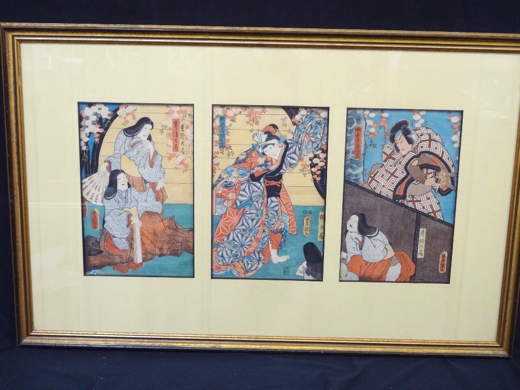 Japanese Woodblocks Matted and Framed (3) Samurai and (1 of 10)