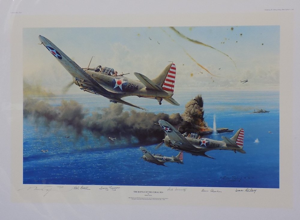 The Battle of the Coral Sea by Robert Taylor Military: The Battle of the Coral Sea by Robert Taylor Military Print signed and numbered 752/850 Rough dimensions are 32 1/2 x 24. Item will be rolled and placed into tube for shipping. Portraying the sinking