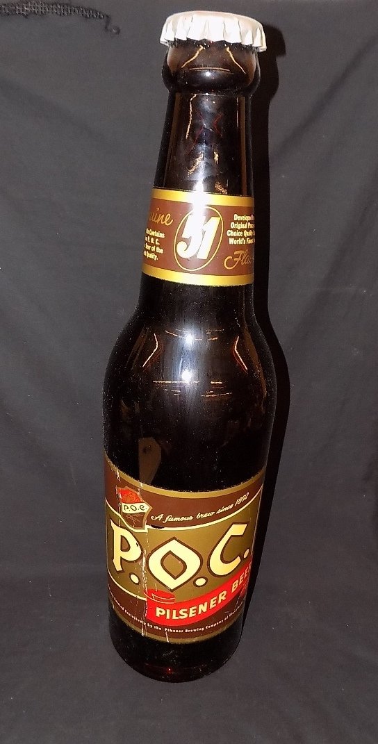 P.O.C. Large 30" Glass Advertising Beer Bottle: P.O.C. Large 30" Glass Advertising Beer Bottle, Convert it into a lamp or bank or just keep as Barware