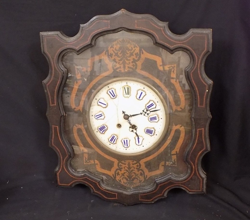Antique Wooden wall clock, Marble Face Porcelain: Antique Wooden wall clock, Marble Face Porcelain Numbers Rough dimensions are 20 x 24 x 6 Marble face does have some cracking