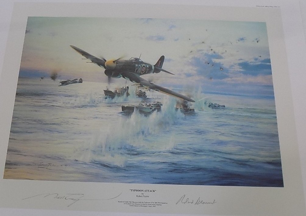 Typhoon Attack Military print by Robert Taylor Signed +: Typhoon Attack Military print by Robert Taylor Signed Rough Dimensions are 24 x 20 Item will be rolled and placed in tube for shipping Signed by Wing Commander Roland "Bee" BEAMONT CBE DSO DFC DL