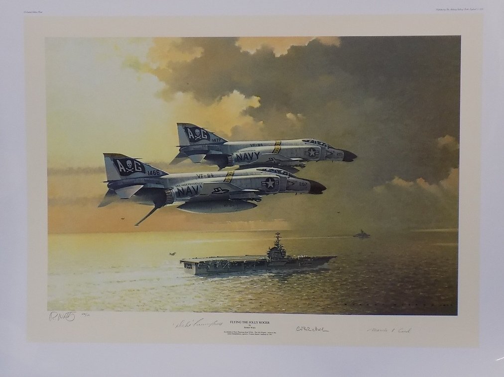 Flying the Jolly Roger Military Print by Robert Watts: 1993 Flying the Jolly Roger Military Print by Robert Watts w/3 Pilot Signatures Signed & Numbered. 494/1000. Rough Dimensions are 32 x 24 1/2. item will be rolled and placed into a tube for shipping.