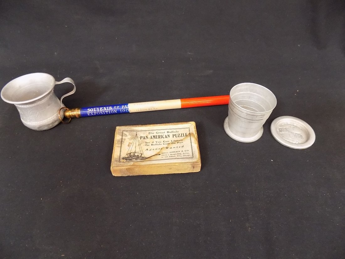 1901 Pan American Exposition Buffalo NY (4) Souvenir: 1901 Pan American Exposition Buffalo NY (4) Souvenir Lot Puzzle, Pencil, Folding Tin Cup + Cup