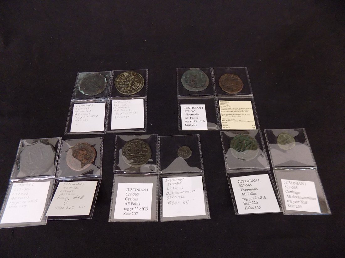 (10) Byzantine Coins. JUSTINIAN I. AE: (10) Byzantine Coins. JUSTINIAN I. AE Follis/Decanummium Nicomedia/Cyzicus/Theoupolis/Carthage Variations. Please view photo for complete list of variations. Nice Collection for this time period.