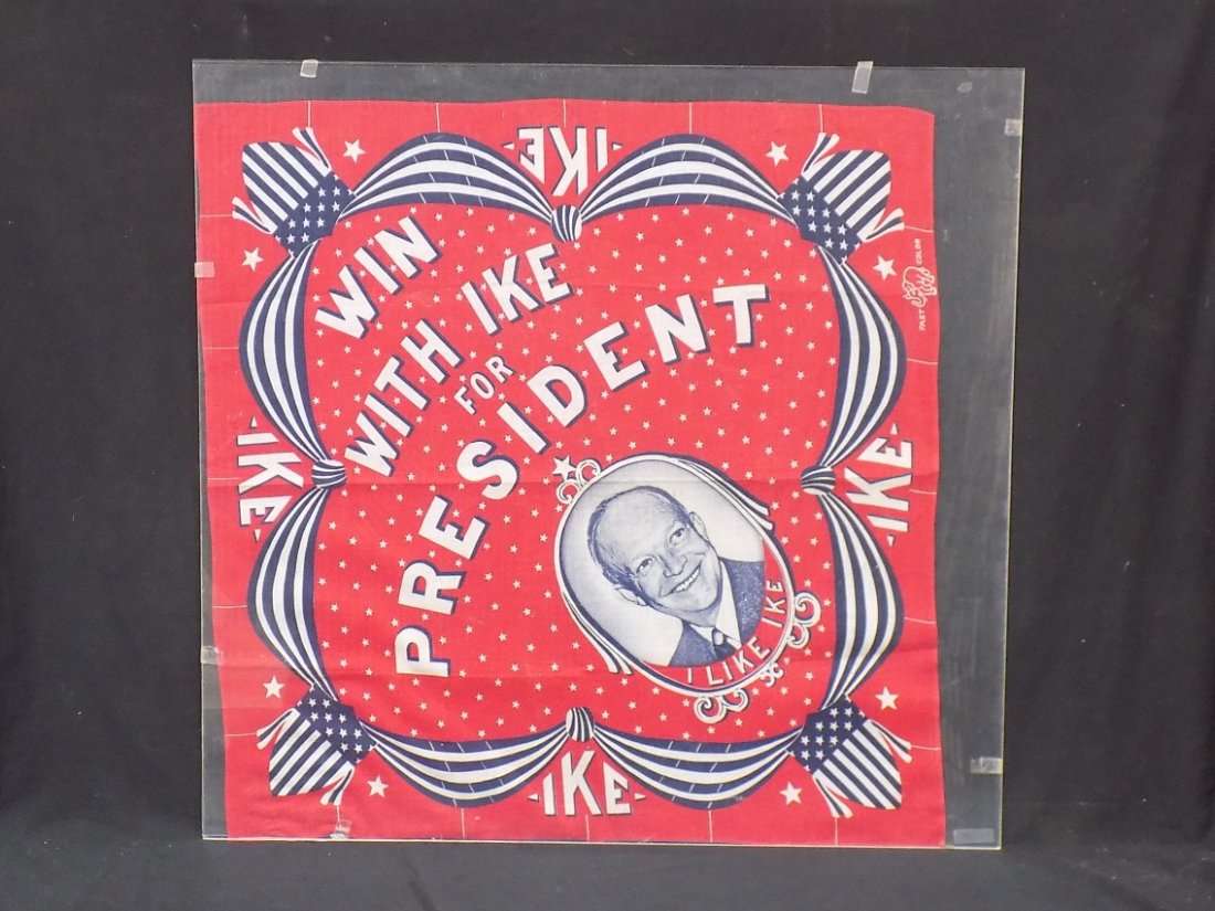 President Dwight Eisenhower WIN WITH IKE - I LIKE IKE: President Dwight Eisenhower WIN WITH IKE - I LIKE IKE rare 1952 Campaign/Scarf Rough Dimensions are 26x26"