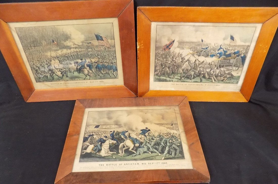 Early Currier & Ives Hand Colored Civil War Prints: Early Currier & Ives Hand Colored Civil War Prints Gettysburg 153 Nassaus NY, Antietam, Chancellorsville Rough framed dimensions for all 3 are 17 x 13"