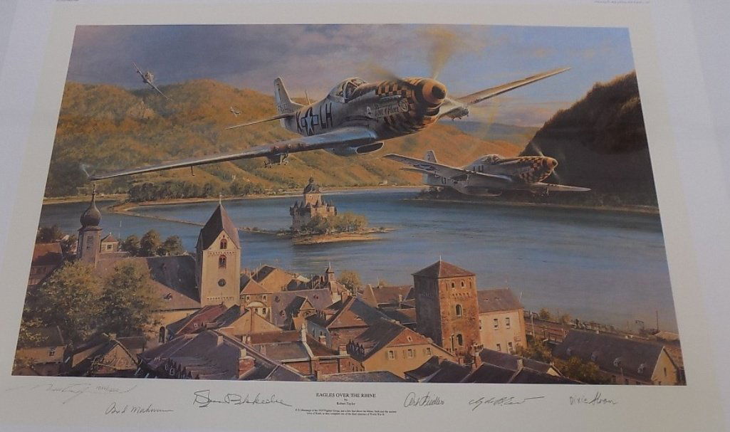 Eagles Over the Rhine Military Print by Robert Taylor: Eagles Over the Rhine Military Print by Robert Taylor P-51 Mustangs of the 353rd Fighter Group Signed & Numbered 1036/1250 + 5 Signatures Rough Dimensions are 34 x 25 Item will be rolled and placed in
