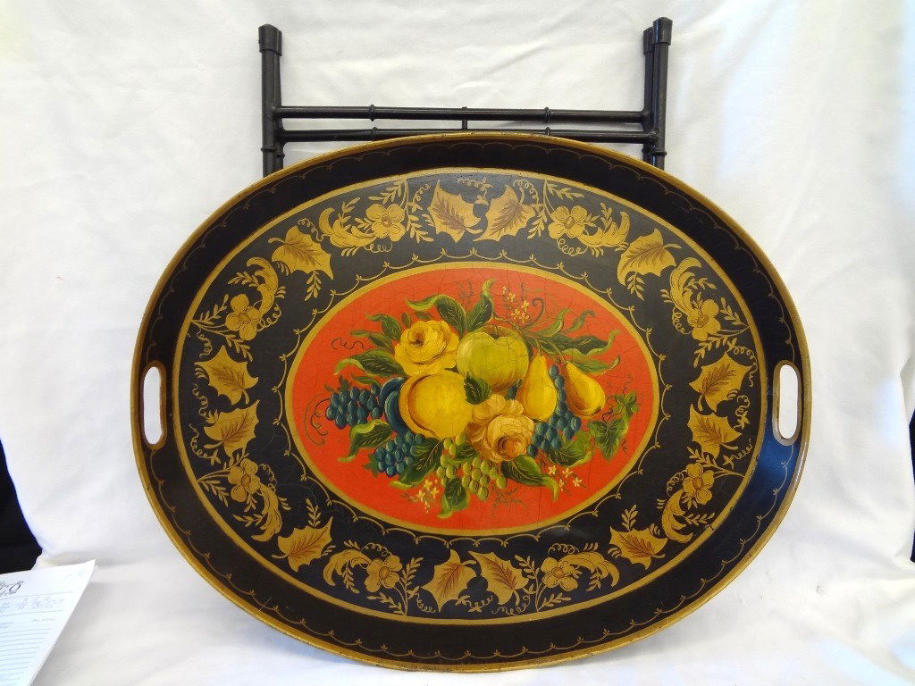 Hand Painted Tole Style Serving Tray on Stand: Hand Painted Tole Style Serving Tray on Stand: 24" high stand height, tray measures 25.25 x 20.25. Fruit decoration with leaf scroll detail. Very little paint loss.
