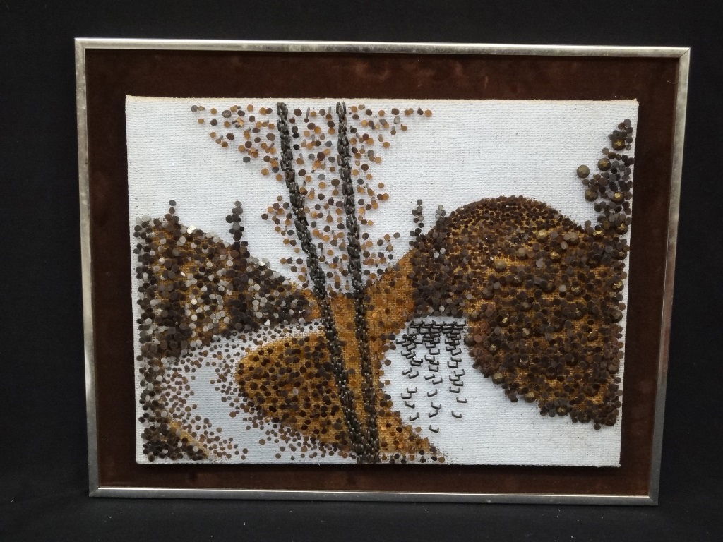 Unusual Nail Art by Guy Gaurel 1980 Titled, "Roadside": Unusual Nail Art by Guy Gaurel 1980 Titled, "Roadside": A very unusual piece of artwork. This is by Guy Gaurel and is made up of nails and staples on what seems to be painted burlap. It is titled, "Ro
