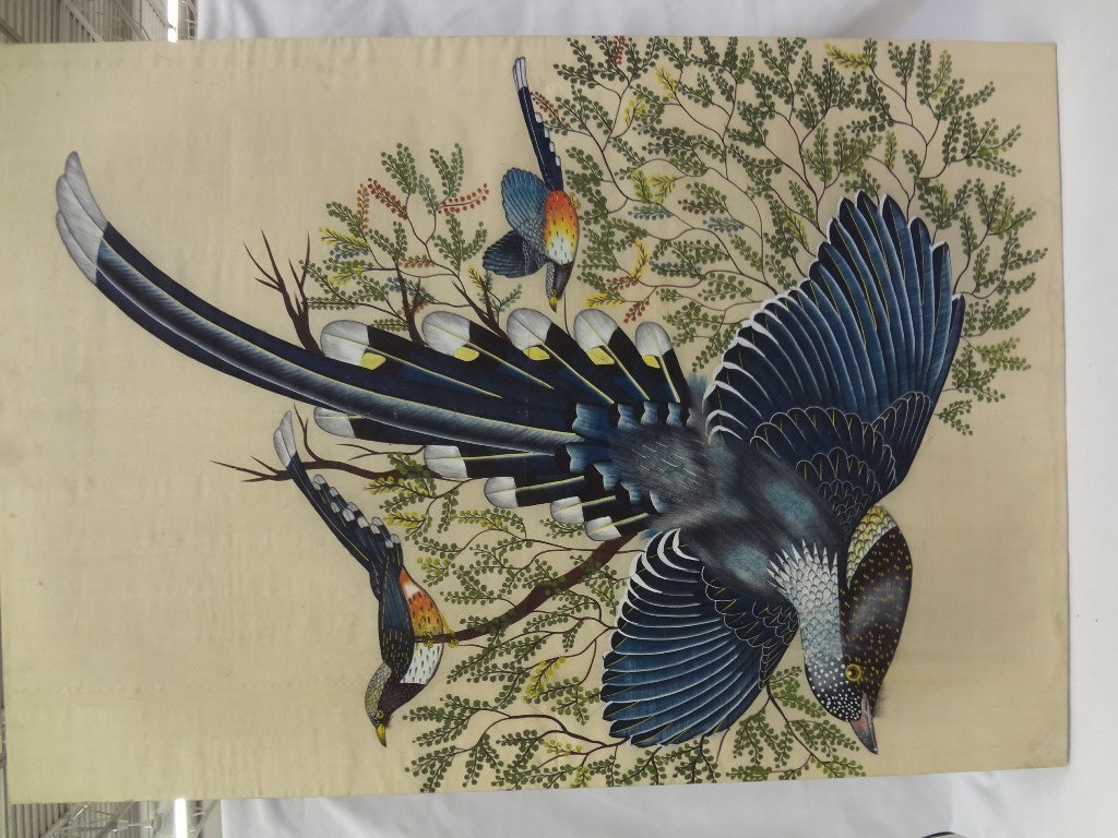Silkscreen of 3 Birds of Paradise on Silk: Silkscreen of 3 Birds of Paradise on Silk: Nicely done silkscreen on silk of birds. Large piece measuring 30 x 44. One small hole on top. There are a few dark spots on the silk.