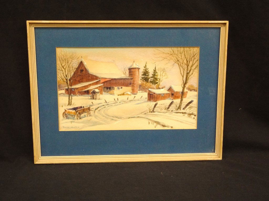 Gustav Nilson Landscape Watercolor Barn Winter Scene (1 of 3)