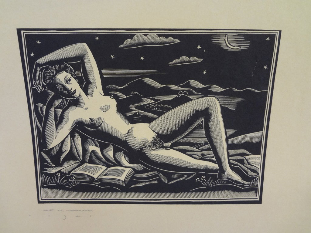 Earl Marshawn Washington Woodblock Print "Nude": Earl Marshawn Washington Woodblock Print "Nude": Woodblock print "Nude Woman with Book" Signed and dated 1921. Image measures 6.5 x 9, paper measures 10.5 13.5, spuriously dated 1921.