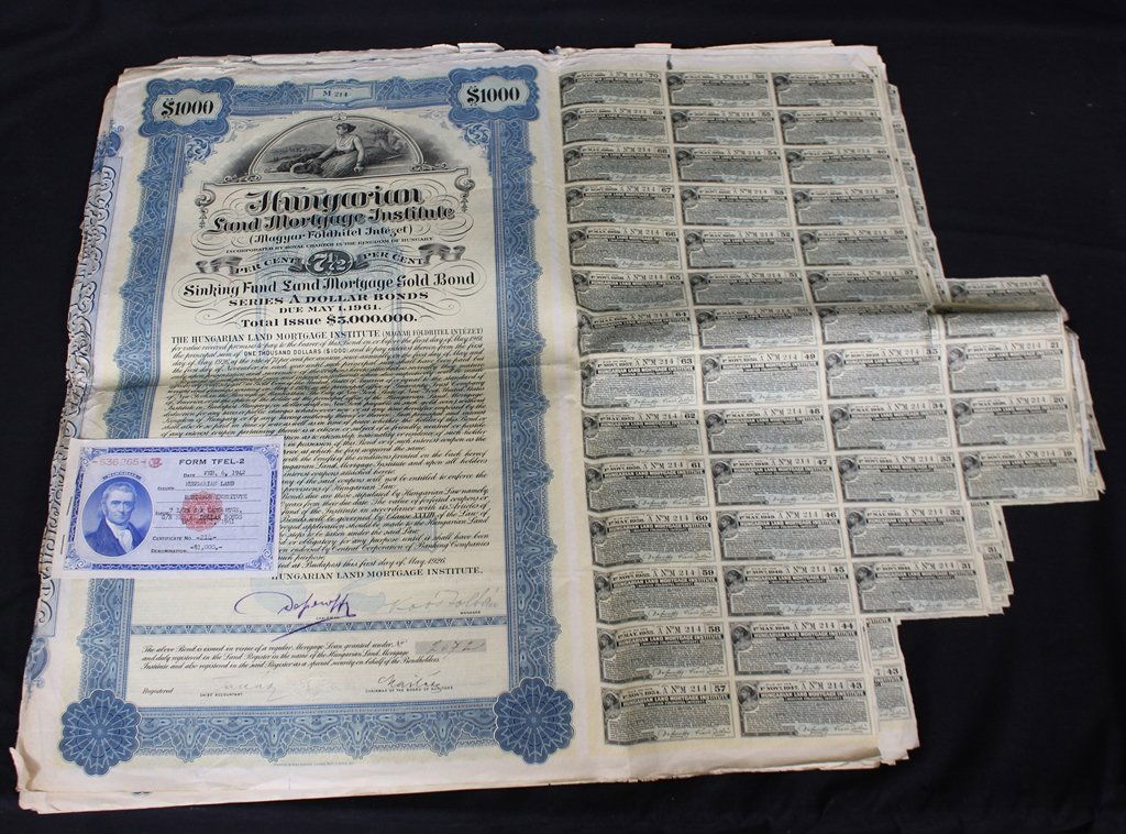 1930's Hungarian Land Mortgage Institute Bonds: (20)+ 1930's Hungarian Land Mortgage Institute Bond sheets with some bonds sold, most with a stapled certificate with a great vignette of John Marshall that are dated 1942. Very detailed engraving as
