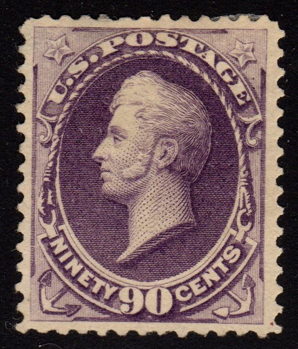 United States Scott 218 VF OG H SCV.$850: 90¢ purple Perry, Scott 218, Unused with VF centering, previously hinged original gum with hinge remnant, large shallow thin at upper left. Still great appearance. 2017 SCV.$850
