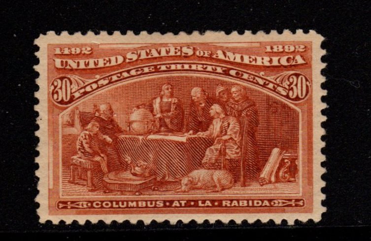 United States Scott 239 VF OG H SCV.$240: Striking appearance, Scott 239, Unused 30¢ Columbian with VF-XF centering, full previously hinged original gum with hinge remnant, one blond perf does not detract from this beauty. 2016 SCV.$240