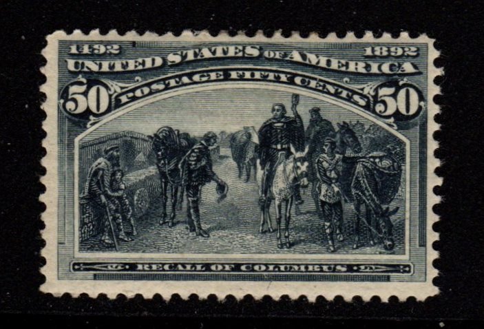 United States Scott 240 F-VF OG H SCV.$500: Fifty cent Columbian with intense color, Scott 240, Unused with F-VF centering, full previously hinged original gum, small paper hinge remnant. Lovely appearace, sound. 2016 SCV.$500