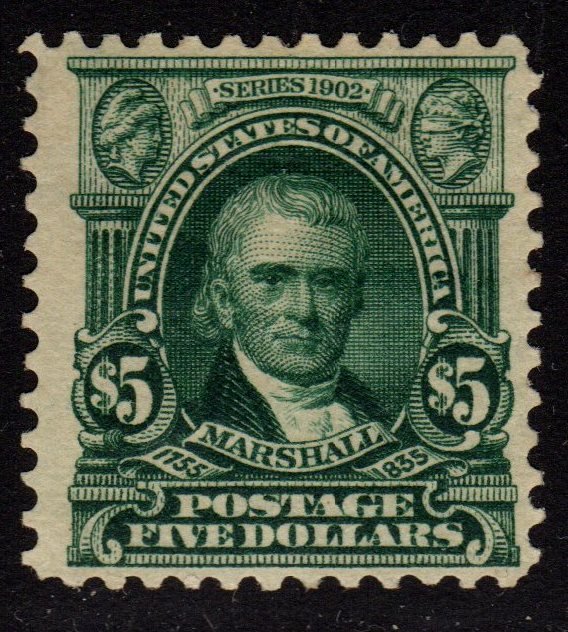 United States Scott 313 F-VF OG LH $5 Marshall: $5 Marshall, perf 12 1903 issue, Scott 313, Unused with F-VF centering, full lightly hinged original gum. Tiny pencil mark on gum. Seldom seen this nice. 2017 SCV.$2100