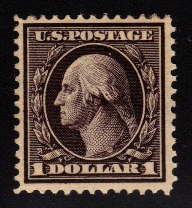 United States Scott 342 VF OG H $1 Washington SCV.$475: Very nice $1 Washington, perf 12 issue, Scott 342, Unused with VF centering, previously hinged original gum, hinge remnant, pencil mark on gum. Strong color. 2017 SCV.$475