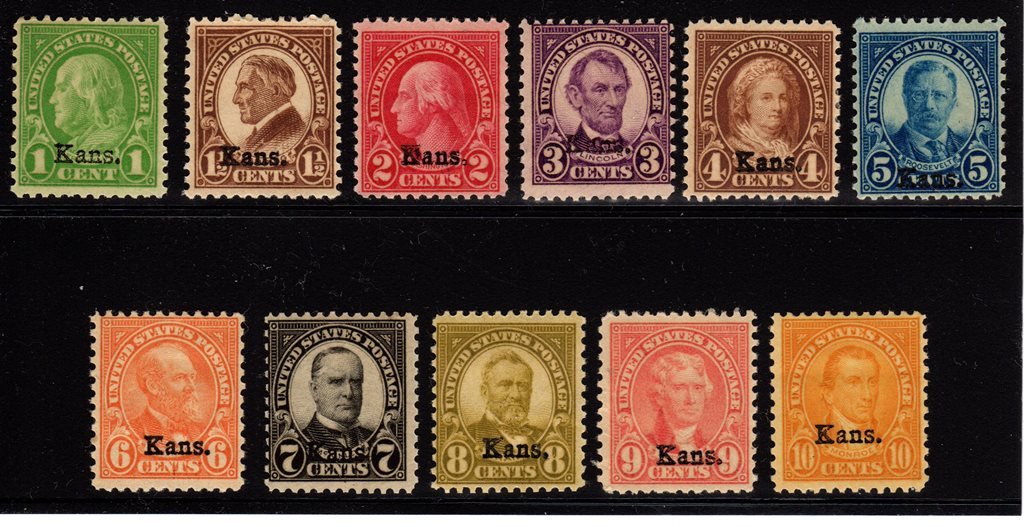 United States Scott 658-668 Kansas Fine+ OG H SCV.$216: Complete set of Kansas overprints, Scott 658-668, Unused with Fine or better centering, previously hinged original gum, a few have hinge remnants. Still a very acceptable set. 2016 SCV.$216