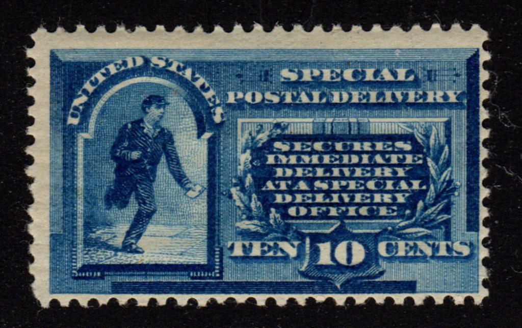 United States Scott E1 Fine OG VLH SCV.$550: Rarely seen this fresh, 10¢ blue 1885 Special Delivery, Scott E1, Unused with Fine centering, full original gum with the barest trace of a hinge mark. Select! SCV.$550