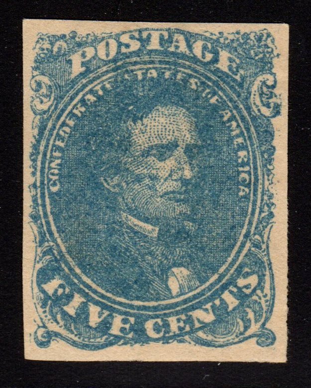 CSA Scott 4 XF OG H Jefferson Davis SCV.$225: 5¢ blue 1862 stone 2, Scott 4, Unused with previously hinged original gum, minor remnant. Select centering and great color. 2017 SCV.$225