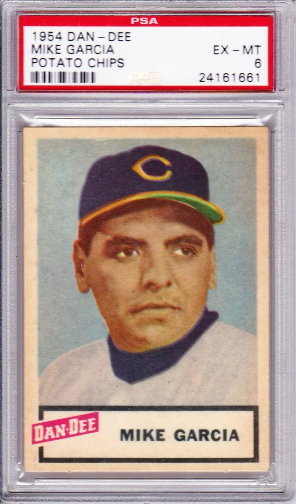 1954 Dan-Dee Potato Chips #8 Mike Garcia, PSA EX-MT 6: 1954 Dan-Dee Potato Chips #8 Mike Garcia, PSA EX-MT 6; nice Dan-Dee with good centering, graded PSA EX-MT 6.