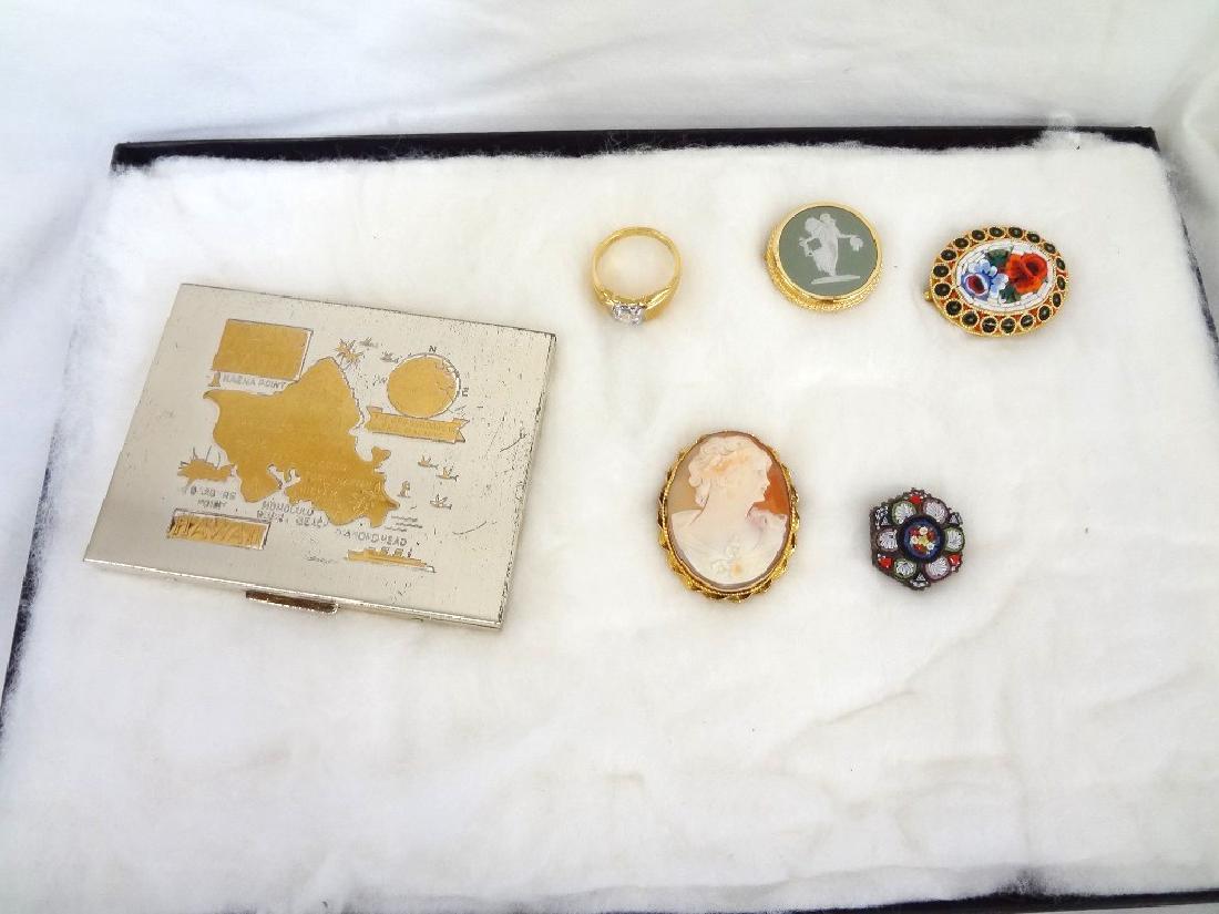 Group Jewelry Lot (6): Cameo, CZ Ring, Enamel Brooches, (1 of 9)