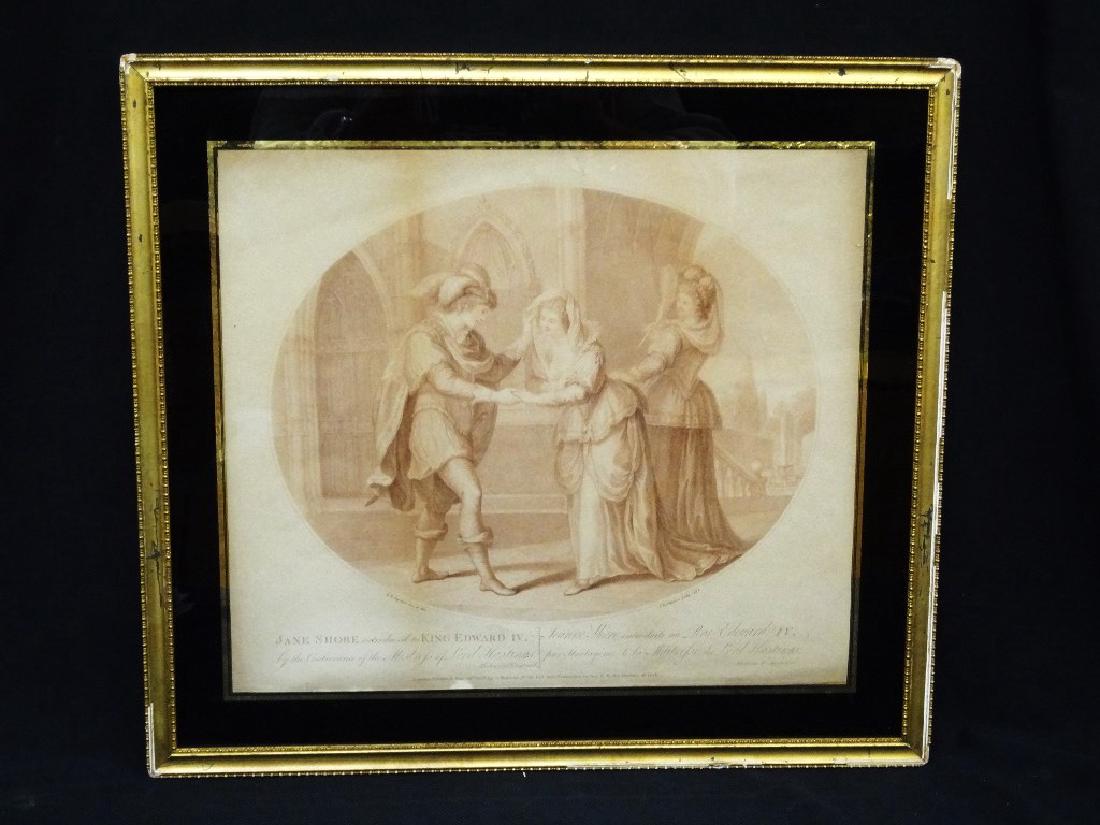Francesco Bartolozzi Stipple Engraving 1785 "Jane Shore: Francesco Bartolozzi Stipple Engraving 1785 "Jane Shore Introduced to King Edward IV": Beautiful stipple engraving by Bartolozzi after a painting by G.B. Cipriani. Black glass mat, frame has some ding