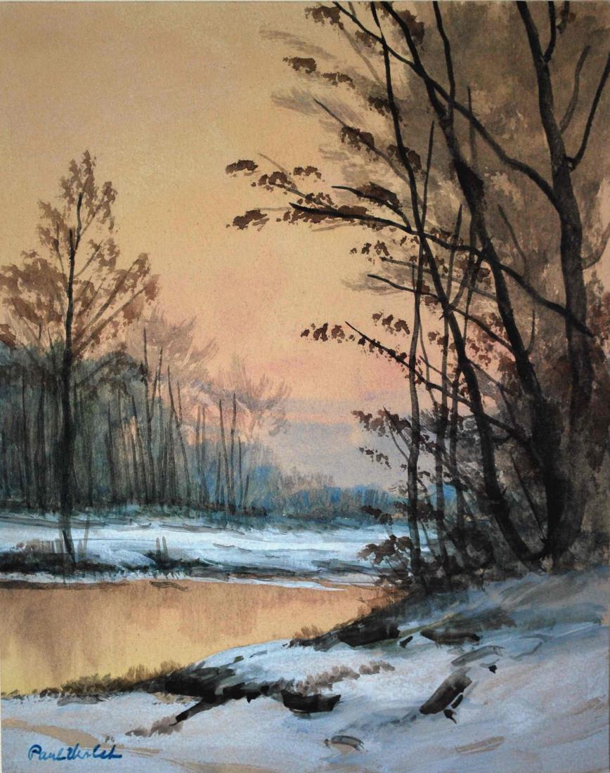 Watercolor Winter Forest Lake signed early 20th c (1 of 3)