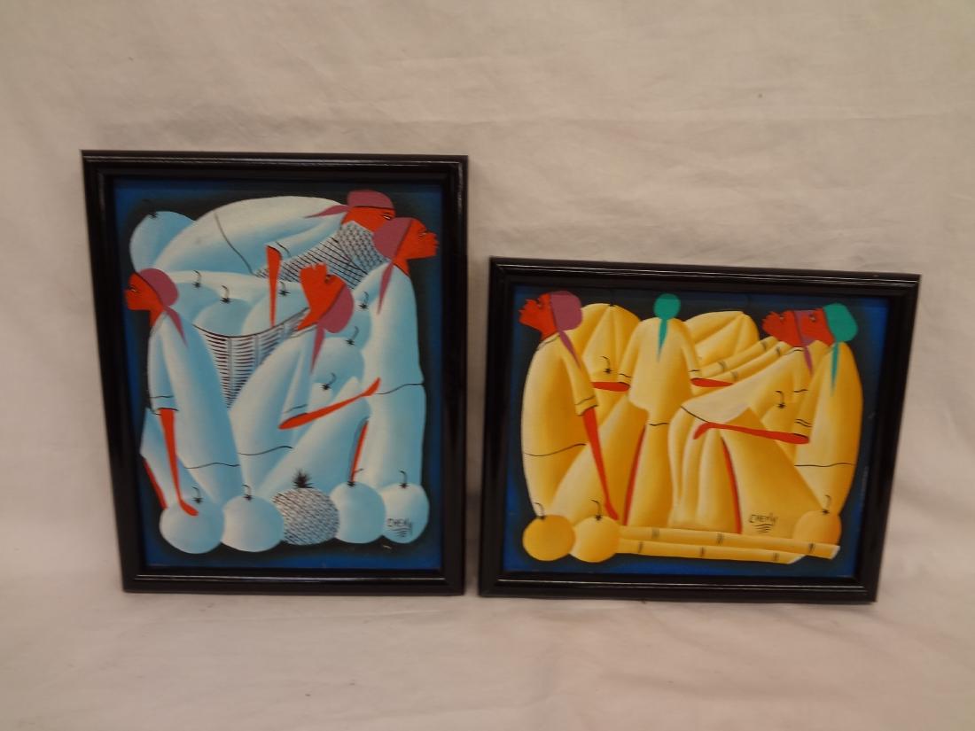 Hatitan Artist Cheky (2) Original Folk Art Acrylic: Hatitan Artist Cheky (2) Original Folk Art Acrylic Paintings: 2 original acrylic paintings done by Haitian Artist Cheky. Both are of groups of women and measures 9.5x11.5. 2 really nice original paint