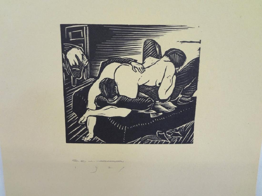 Earl Marshawn Washington "2 Lovers on Couch" Nude: Earl Marshawn Washington Woodblock Print "2 Lovers on Couch": Woodblock print Signed and spuriously dated 1927. Image measures 4 x 4.5, paper measures 12 x 9
