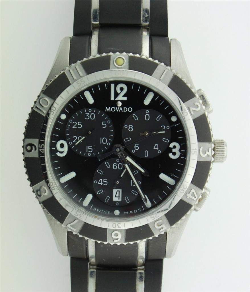 Movado Black Dial Chrono 84 F9 1890 Swiss Made: Mens 7.25 Wrist 38 mm Case Sapphire Crystal