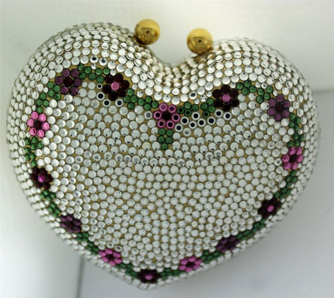 Judith Leiber Swarovski Crystal Heart Shape Clutch: 4.5 x 4 x 2 and 19" gold tone chain. Pink and red flower with green vine design. No missing stones.
