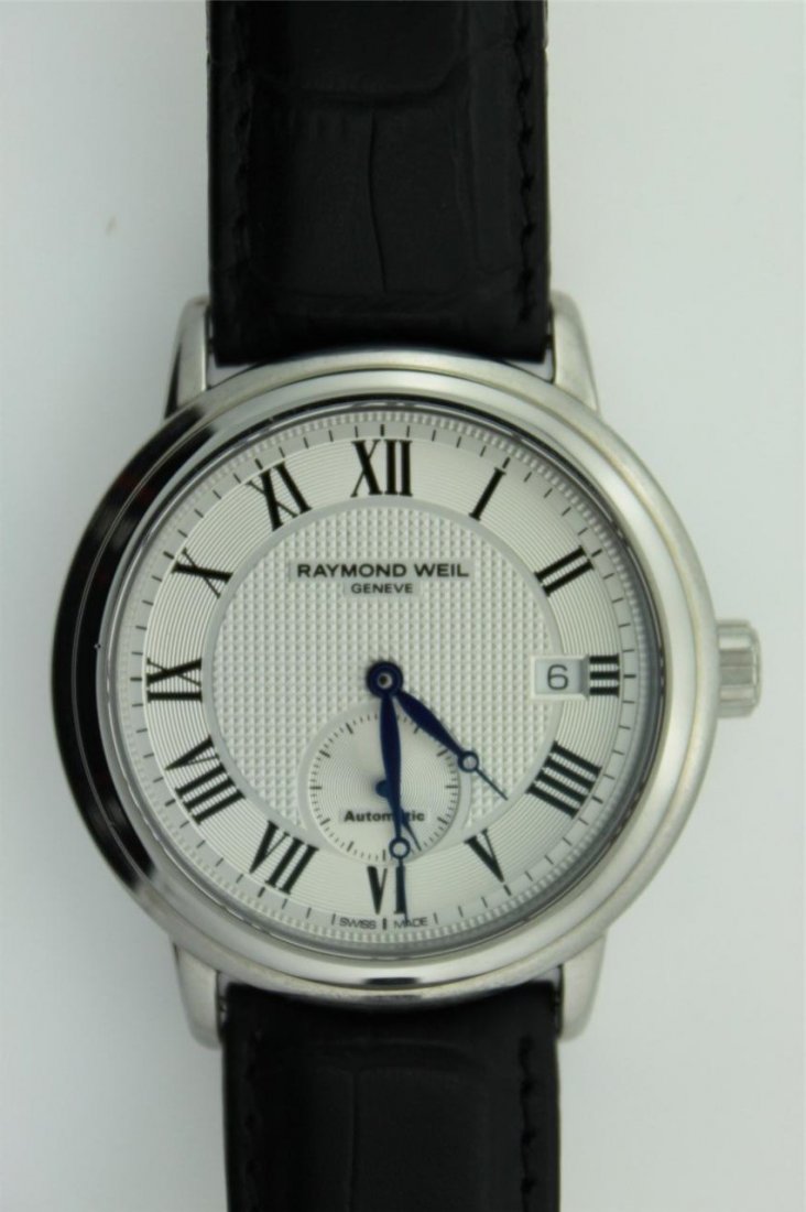 Raymond Weil 2838-STC-00659 Mechanical Automatic Wind: Mens Watch 39.5 mm Dia Adjustable Leather Band Stainless Steel Silver Dial Blue Hands Roman Numerals