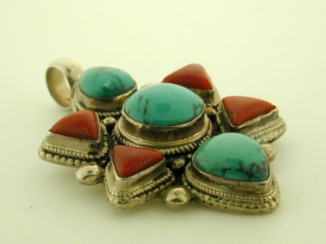 Turquoise & Coral Pendant Vintage Sterling Silver (1 of 4)