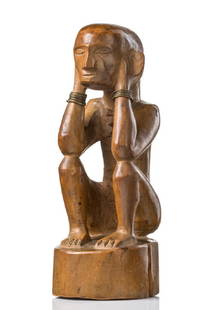 Squatting figure "bulul" - Philippines - Ifugao: wood, middle brown patina, brass wire, typical posture, slightly dam., missing parts (right ear), crack (base)."Bulul" predominantly had the task to protect the rice against thieves and vermin, to